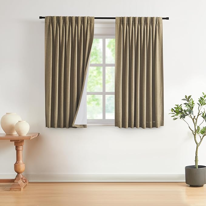 Vision Home Brown Pinch Pleated Full Blackout Curtains Linen Blended Room Darkening Window Curtains 63 inch for Living Room Bedroom Thermal Insulated Pinch Pleat Drapes with Hooks 2 Panel 40" Wx63 L-Ruum Studio Home