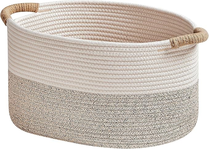 Storage Baskets for Organizing | 15"x10.2"x9.1" - 1 Pack Nursery Bin with Handles - Woven Cotton Rope Baskets for Dog Toys, Books, Shelf, Bathroom,Closet -Stylish Storage | White & Beige-Ruum Studio Home