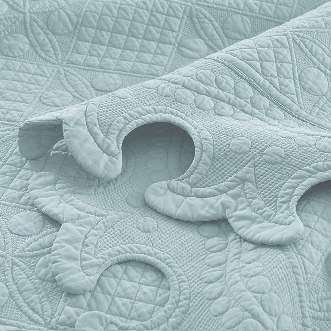 MarCielo 3-Piece 100% Cotton Oversized Bedspread Lightweight Quilt Coverlet Embroidery Farmhouse Bedding Set (TW Mint Green Blue, Oversized Queen (100"x106"))-Ruum Studio Home