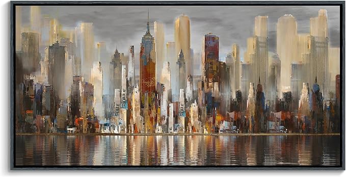 Mofutinpo Large Black Framed Cityscape New York abstract wall art Brown City Theme Paintings Modern Canvas office wall decor living room modern artwork Size 30x60-Ruum Studio Home
