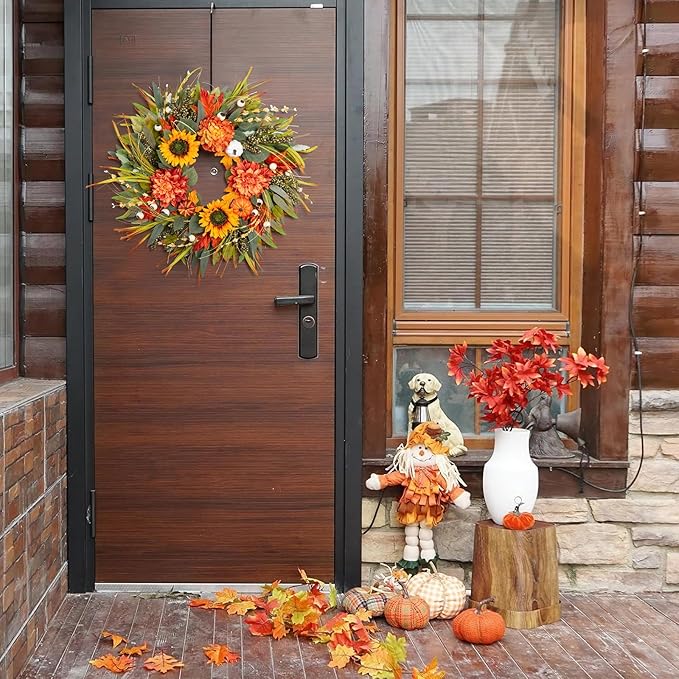 Fall Wreaths for Front Door 24 Inch Fall Wreath with Pumpkins, Sunflowers & Berries – Outdoor Autumn Wreath for Porch, Thanksgiving, Halloween & Harvest Decor-Ruum Studio Home