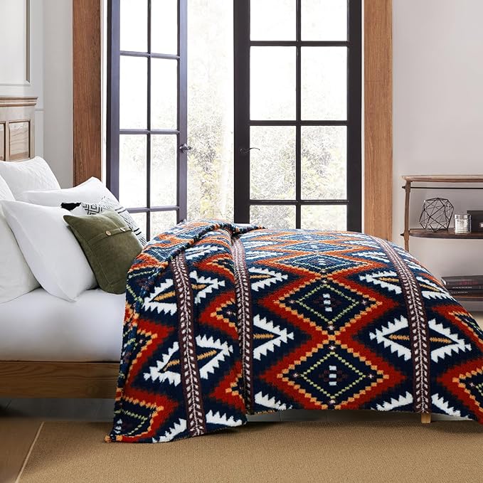 CASAAGUSTO Boho Sherpa Throw Blanket, Aztec Queen Blanket, Ultra Soft, Warm, Cozy, Plush, Thick Fleece Bohemian Throw Blanket for Couch, Bed, Sofa (Navy Blue 90 * 90 Inch)-Ruum Studio Home