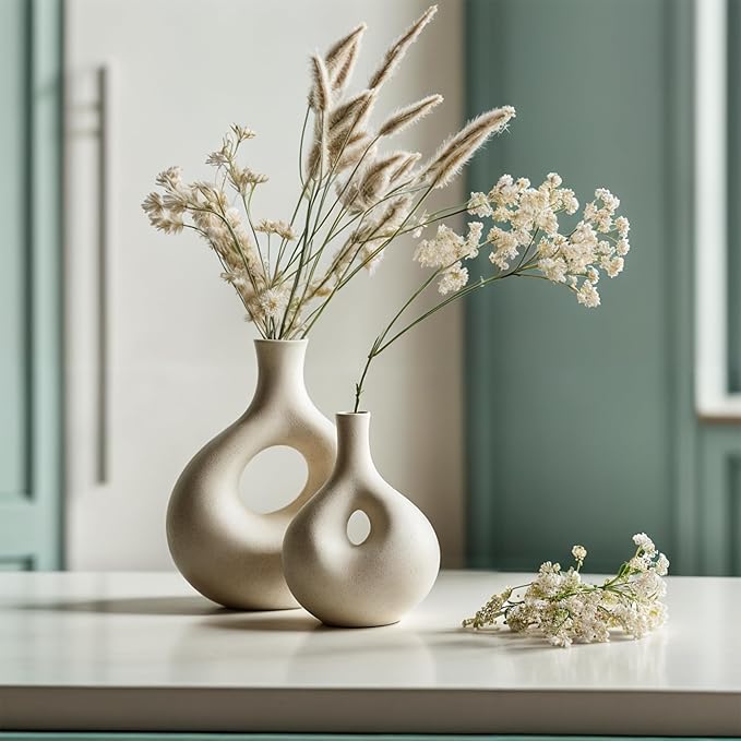 NOBULA White Ceramic Donut Vases – Modern Home Decor for Living Room, Bedroom & Table Centerpiece - Minimalist Nordic – Unique Vases for Olive Plant & Flowers – Decorative Coffee Table Vase Set of 2-Ruum Studio Home