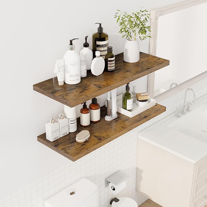 36" Floating Shelves for Wall, 12" Deep Slim Rustic Brown Floating Shelves, Wall-Mounted Shelves for Bedroom, Living Room, Kitchen, Bathroom - Set of 2-Ruum Studio Home