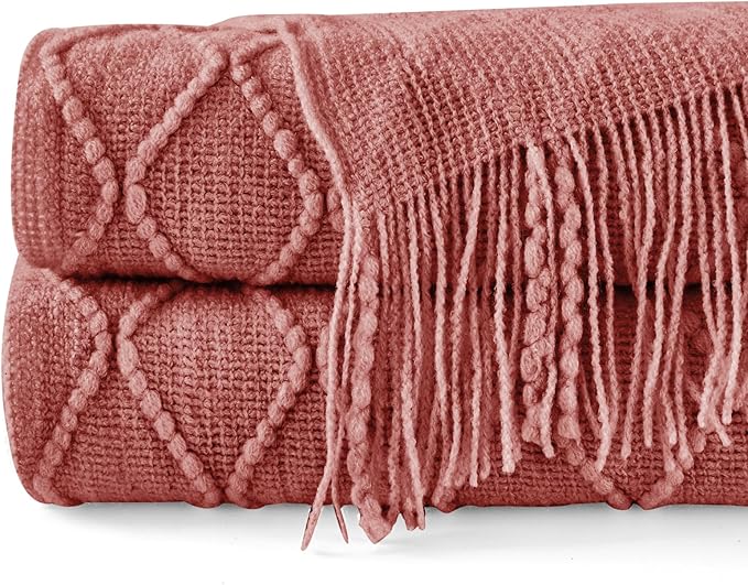 inhand Knitted Throw Blankets for Couch and Bed, Soft Cozy Knit Blanket with Tassel, Coral Pink Lightweight Decorative Blankets and Throws, Farmhouse Warm Woven Blanket for Men and Women, 60"x80"-Ruum Studio Home