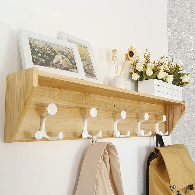 SKOLOO Wall Shelf with Hooks, 35-Inch Coat Rack Wall Mount with Shelf Organizer - Lightweight & Sturdy, 5 Tri Hooks - Perfect for Entryway, Hallway, Living Room, Bedroom, Mudroom, Natural & White-Ruum Studio Home