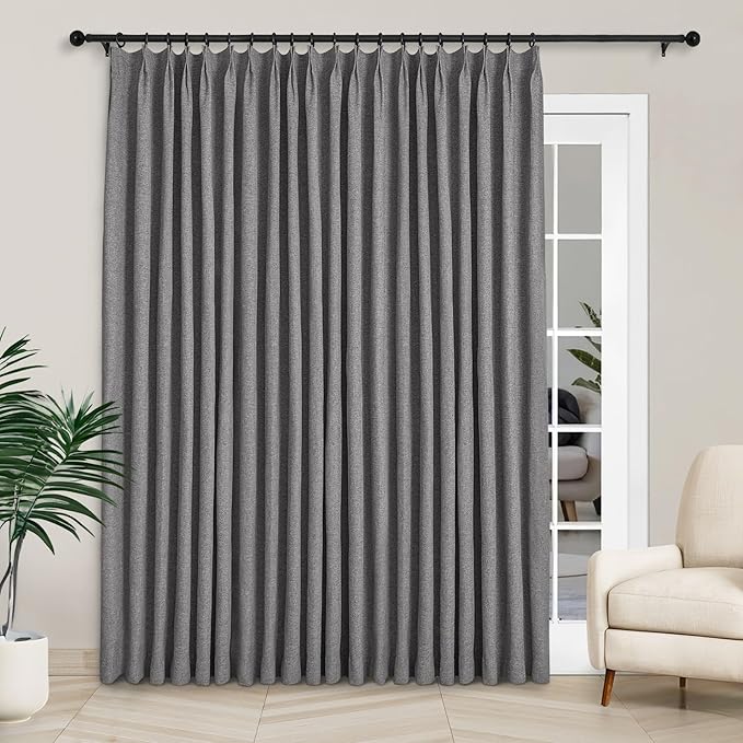 Macochico 100”Wx102”L 100% Blackout Pinch Pleated Linen Curtains for Sliding Door Bedroom Living Room Farmhouse Thermal Insulated Gray Burlap Drapes with Tieback 1 Panel Shabby Chic Style-Ruum Studio Home