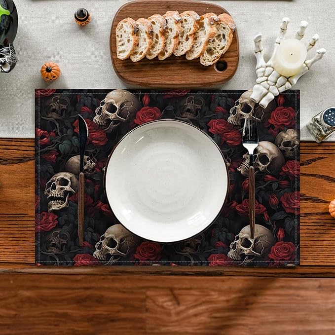 Halloween Skull Rose Placemats, Washable Heat Resistant 12×18 Inch Table Mats Floral Place Mats for Party Outdoor Decoration Kitchen Dining Décor-Ruum Studio Home