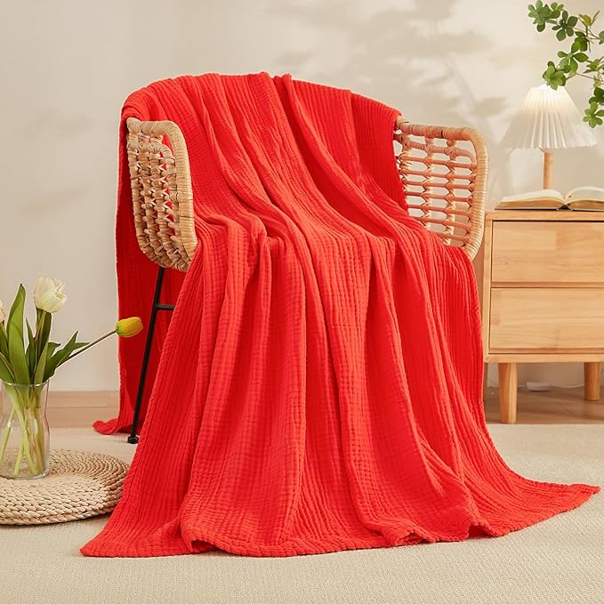 EMME Cotton Throw Blanket for Couch Soft Muslin Blankets 50"x60" Lightweight Breathable Blanket All Season Gauze Blanket, Orange Rust-Ruum Studio Home