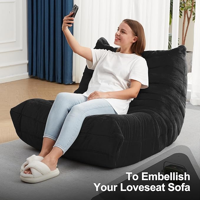 Bean Bag Chairs for Adults Giant Bean Bag Chair Memory Foam BeanBag Chair Big Bean Bag Sofa with Filler Faux Fur Fireside Beanbags Lazy Sofa for Living Room Bedroom Dorm Office (Black Plush)-Ruum Studio Home