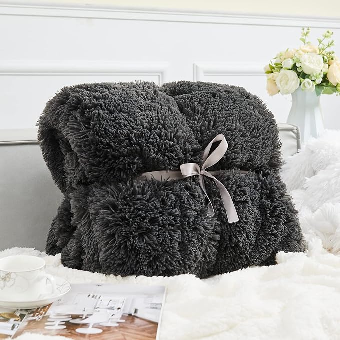GONAAP Fuzzy Faux Fur Throw Blanket Queen Size Dark Grey Super Soft Cozy Plush Fuzzy Shaggy Blanket for Couch Sofa Bed (Dark Grey, Queen(90"x90"))-Ruum Studio Home