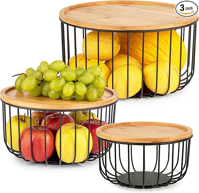 Fruit Basket for Kitchen Counter Set of 3 - Large Stackable Baskets with Bamboo Lid - Perfect Holder For Fruit and Vegetable Storage - Keep Your Countertop Classy, Tidy and Slightly Fruity!-Ruum Studio Home