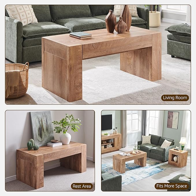 OKD 48" Modern Farmhouse Coffee Table, Wooden Living Room Table with Hidden Storage Drawer, Rustic Rectangular Center Tables w/Wood Thick Design for Living Room, Office, Light Knotty Wood-Ruum Studio Home