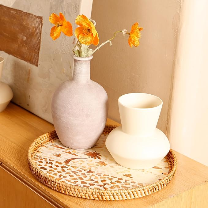 Round Rattan Tray with Mother of Pearl Inlay & Wooden Base - Decorative Wicker Serving Tray for Coffee/Bread/Fruits, Food Storage & Display - Multipurpose Home Decor (L,Island)-Ruum Studio Home