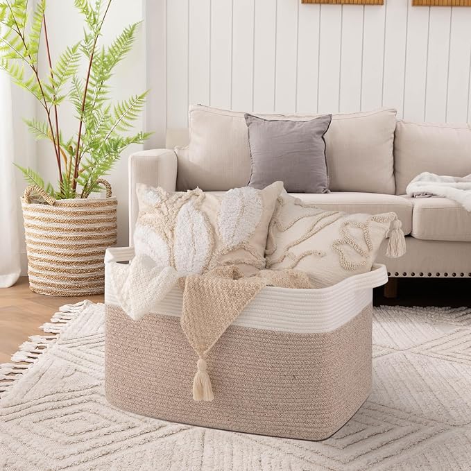 OIAHOMY 95L Blanket Basket, 24”x17”x14”, Large Woven Basket for Storage, Nursery Cotton Rope Basket with Handle, Living Room, Nursery, Bedroom,Toy Storage Organizer Bins, Brown and White-Ruum Studio Home