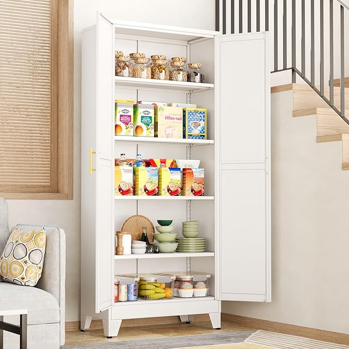 White Pantry Storage Cabinet,71" Kitchen Pantry with Doors and 4 Adjustable Shelves, Metal Storage Cabinet, for Office, Home, Garage, School-Ruum Studio Home