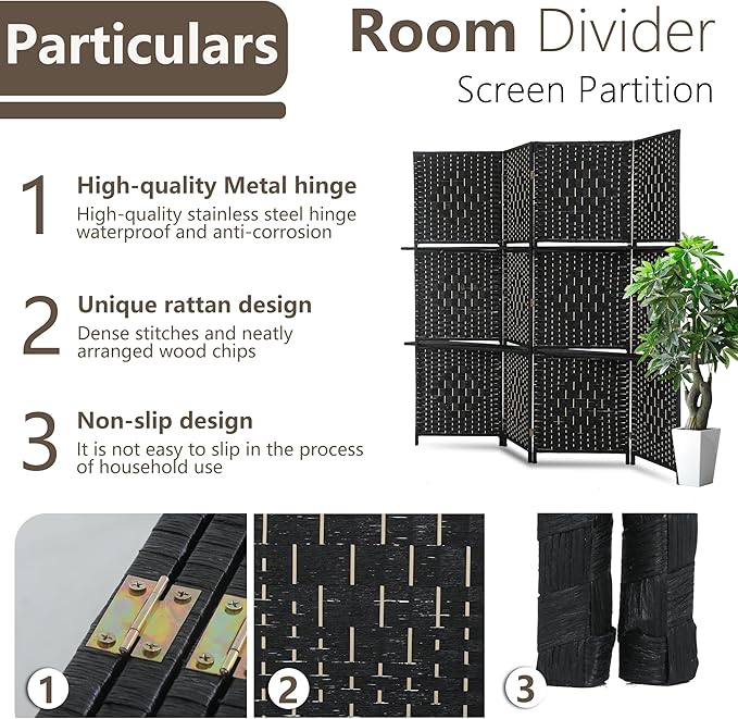 Room divider 4 panel Room Screen Divider Wooden Screen Folding Portable Partition Screen Wood with Removable Storage Shelves Color,Black-Ruum Studio Home