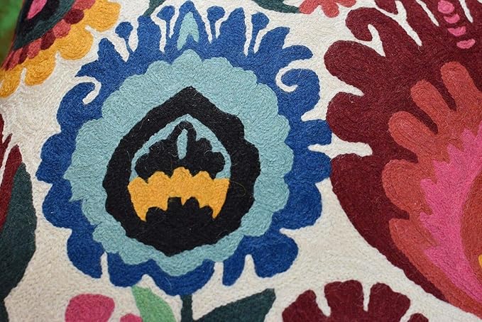 Polish Floral Decorative Pillow Cover Hand Embroidered Cream Flower Pillowcase White Botanical Traditional Outdoor Cushion Suzani Chair Pillowsham Couch Wool 18x18 Inch-Ruum Studio Home