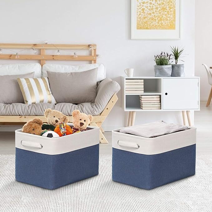 Kntiwiwo Foldable Storage Bins 15" x 10" x 9.5" Fabric Storage Basket Cube with Handles Large Linen Closet Organizer Bins for Organizing Shelf Home, Set of 3, Blue-Ruum Studio Home
