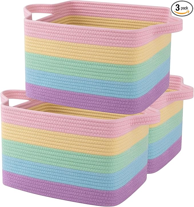 OIAHOMY Storage Basket, Woven Baskets for Storage, Cotton Rope Basket for toys,Towel Baskets for Bathroom - Pack of 3, Rainbow Pastel-Ruum Studio Home
