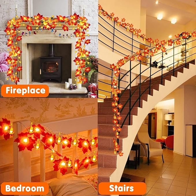 2 Pack Fall Garland with Pumpkin Lights Halloween Decorations Indoor 60 LED 20 Ft Enlarged Maples Leaves Fall Lights Battery Operated Halloween Garland Thanksgiving Decor Home Indoor Outdoor Christmas-Ruum Studio Home