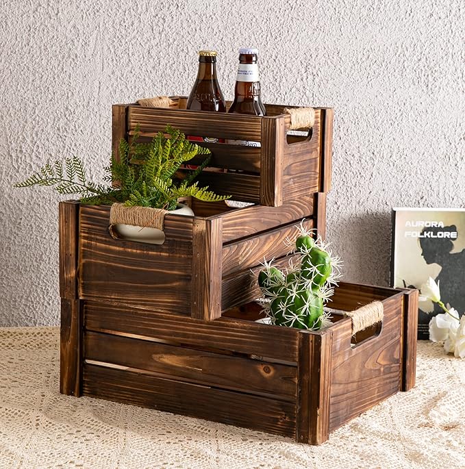 TIMRIS Set of 3 Rustic Wood Nesting Crates, Farmhouse Wooden Storage Container Boxes with Cutout Handles, Decorative Wooden Baskets for Display (Rustic Brown)-Ruum Studio Home