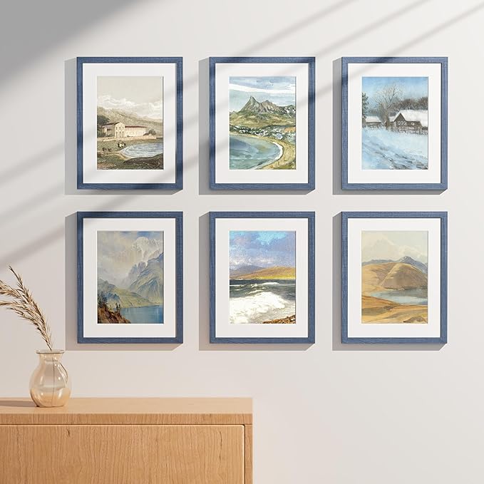 Vittanly 11x14 Picture Frames Set of 9, Shatter Resistant Plexiglass, Display 8x10 Pictures with Mat or 11x14 without Mat, Photo Frames for Wall or Tabletop, Engineered Wood, Navy-Ruum Studio Home