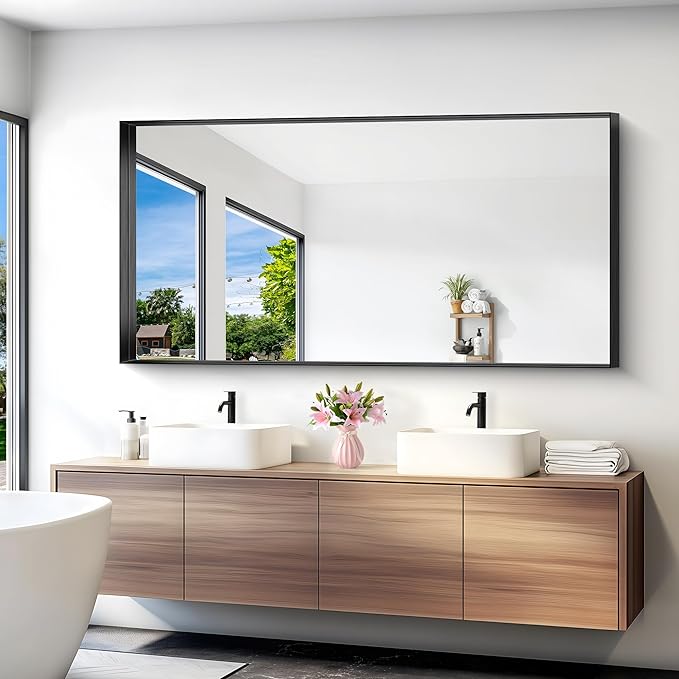 Black Bathroom Mirror, 72x36 Inch Rectangular Deep Frame Mirror, Large Wall Mounted Bathroom Vanity Mirror Over Sink for Bedroom,Restroom, Living Room, Hangs Vertically or Horizontally-Ruum Studio Home