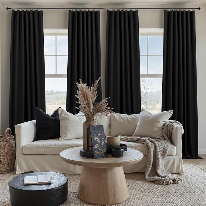 Black Linen Blackout Curtains for Living Room 96 Inches Long 2 Panels Set Back Tab Pleated Textured Thick Drapes Thermal Curtain for Summer Heat Floor Length Bedroom Black Out Curtain Modern Farmhouse-Ruum Studio Home
