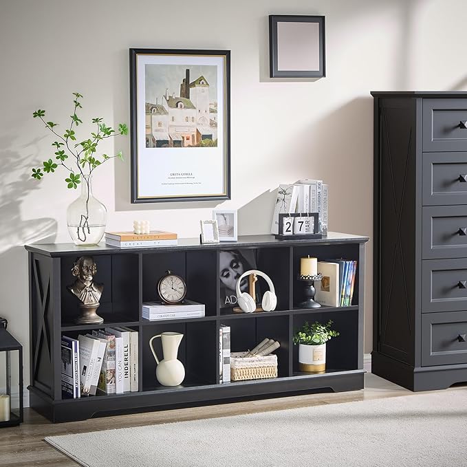 Farmhouse 8 Cube Bookshelf, Black Storage Organizer Bookcase, Kids Toy Storage Cabinet, Long Bookshelves Storage Organizer Shelf, Wood Display Cabinet Book Shelves for Bedroom,Living Room,Office-Ruum Studio Home