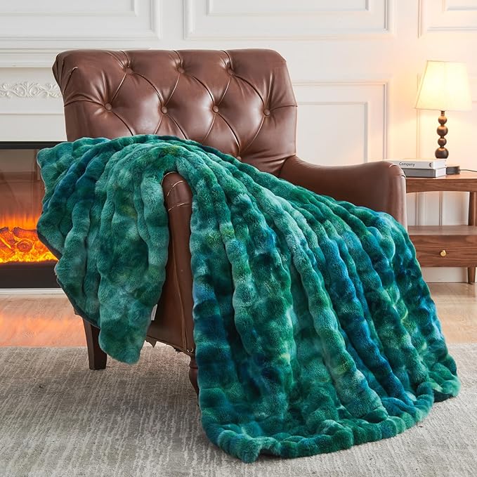 NEWCOSPLAY Faux Fur Throw Blanket Tie-dye Dark Teal Luxury Fluffy Thick Warm Bubble Blanket for Couch Sofa Bed 700GSM (Tie-dye Dark Teal, Throw(50"x60"))-Ruum Studio Home