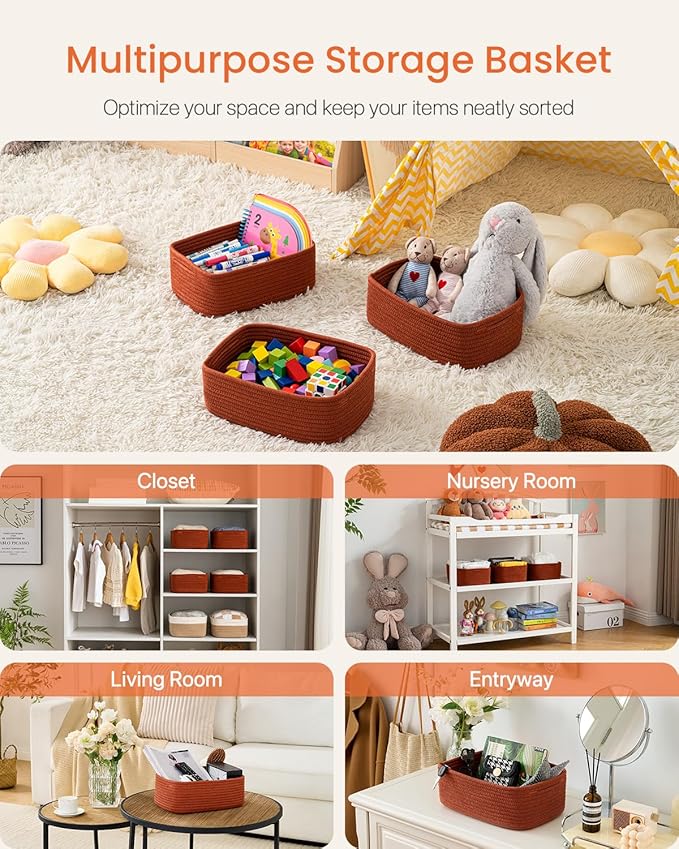 KALLAX Small Woven Basket, 12 x 8 x 4.5 Inches, Storage Basket for Organizing, Cute Small Rope Shelf Closet Cube Storage Bins Baskets for Shelves, Dog Toy Gift Baskets Empty, 3 Pack Rust Red-Ruum Studio Home