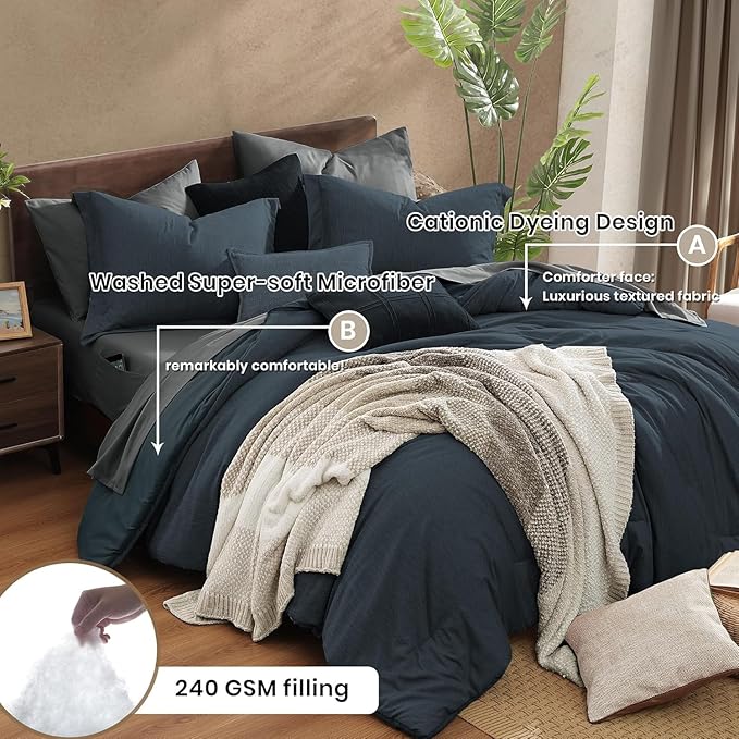 Monbix California King Comforter Set - 7 Pieces Cationic Dyeing Navy Blue Bed in a Bag Cal King Bedding Sets with Comforter, Sheets, Pillowcases & Shams, Reversible Bedding Comforters Sets(108 * 92)-Ruum Studio Home