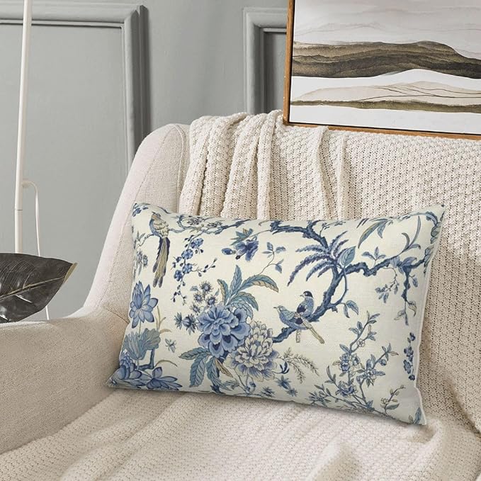 CXMEIFLY Spring Floral Birds Pillow Covers 12 x 20 Inch Set of 2 for Chinoiserie Flowers Decor Throw Pillows Blue and White Plant Outdoor Decorative Cushion Cases for Couch Bed Decorations-Ruum Studio Home