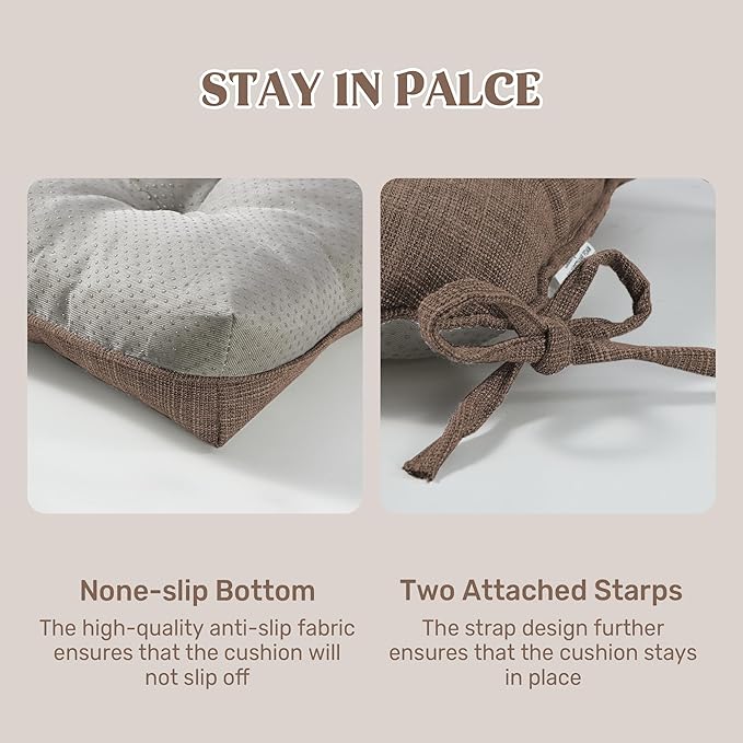 puredown® Chair Cushions for Dining Chairs, Tufted Memory Foam Chair Pads with Non-Slip Backing, Kitchen Seat Cushions with Ties, Washable Seat Pad Set of 4, 15.5" x 15.5" x 4", Coffee-Ruum Studio Home