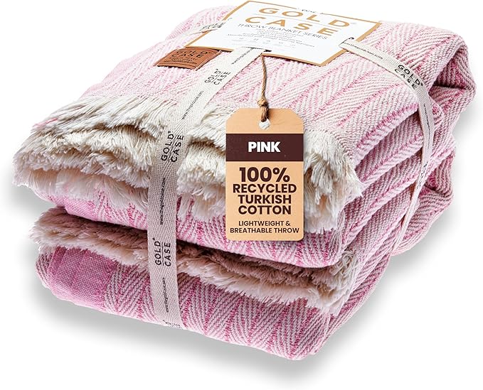 Gold Case Throw Blanket for Couch – 100% Recycled Turkish Cotton Blankets & Throws – Elegant Decorative Throw Blankets for Living Room Sofa – Woven Throws for Couch – Vintage Pink – 50x60 (Set of 2)-Ruum Studio Home