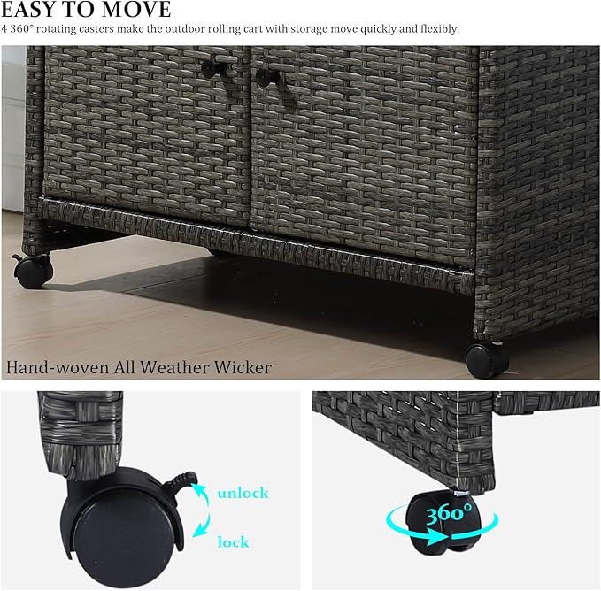 Outdoor Wicker Storage Cabinet,Patio Bar Table with Wheel, Outdoor Buffet Cabinet Movable, Garden Weather-Proof Bar Table/Cart for Indoor&Outdoor (Morden Gray)-Ruum Studio Home