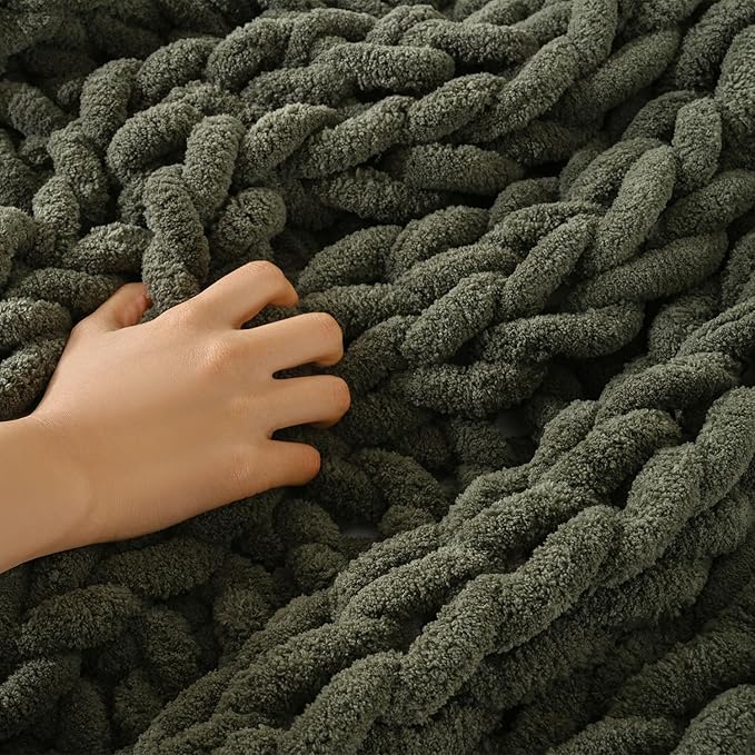 Esterra Chunky Knit Blanket Throw, 100% Handmade Chenille Throw Blanket 40"x50", Soft Thick Yarn Cable Knit Crochet Throw Blanket Rope Knot Throw for Couch Bed Sofa, Dusty Olive-Ruum Studio Home