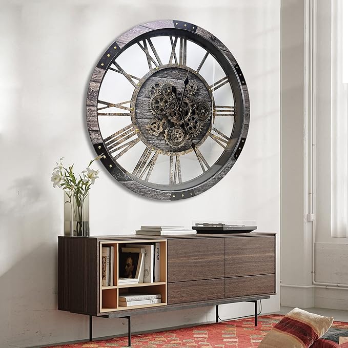 DORBOKER 36" Extra Large Wall Clock with Moving Gears, Oversized Giant Industrial Steampunk Rustic Clocks for Wall Decor Living Room Home Office, Solid Wood Retro Metal,Carbon Grey-Ruum Studio Home