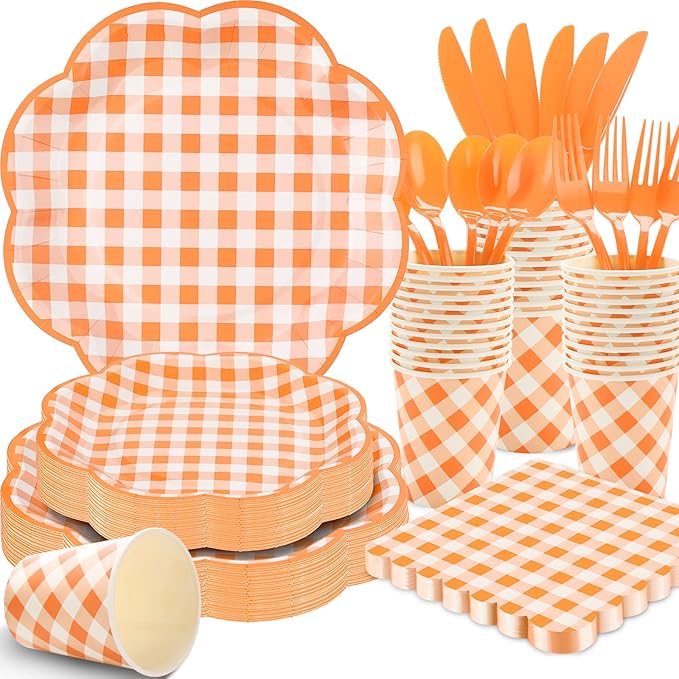 350 Pcs Orange and White Gingham Party Supplies - Orange Gingham Paper Plates and Napkins Sets Serve 50 - Scalloped Checkered Plates for Birthday Picnic Fall Halloween Thanksgivng Party Decorations-Ruum Studio Home
