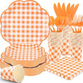 350 Pcs Orange and White Gingham Party Supplies - Orange Gingham Paper Plates and Napkins Sets Serve 50 - Scalloped Checkered Plates for Birthday Picnic Fall Halloween Thanksgivng Party Decorations-Ruum Studio Home