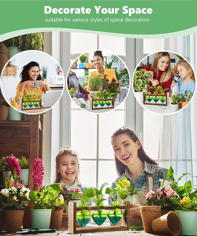 Nacome Plant Terrarium for Office Decor: Birthday Gifts for Plant Lovers Women Mom Wife - Wooden Stand Tabletop Planter 3 Bulb Glass Vase Heart Shaped for Hydroponics Indoor Home(Green)-Ruum Studio Home