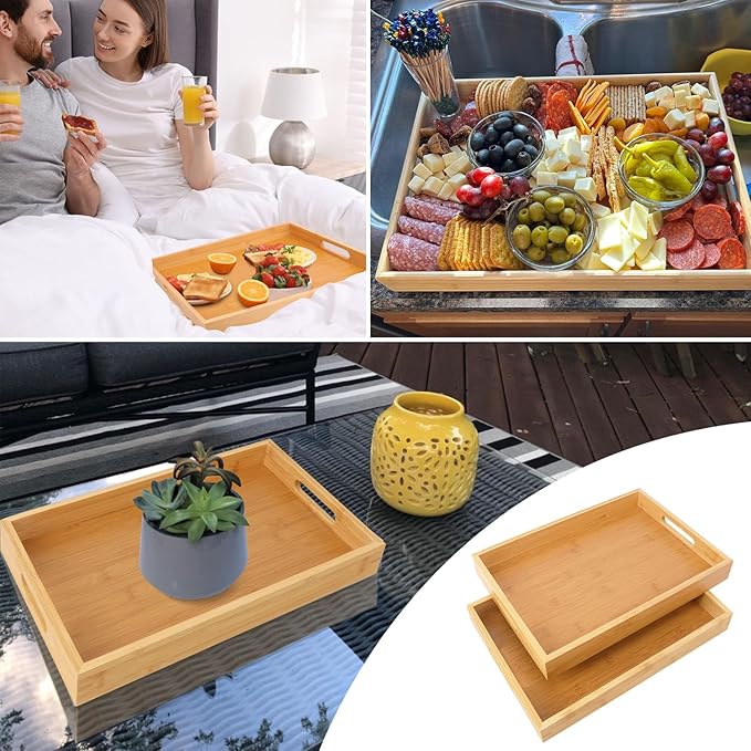 3 Pack Large Bamboo Serving Tray with Handles, 14 x 10 inch Wooden Dinner Tray, Home Kitchen Breakfast Trays for Living Room Bedroom Kitchen Dinner Table, Picnic-Ruum Studio Home