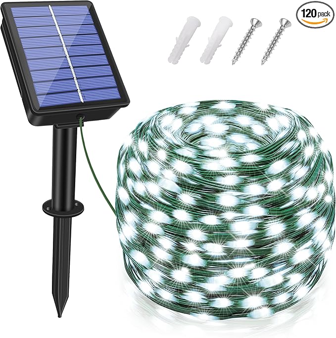 Solar String Lights 120LED 40FT, IP67 Waterproof Solar Lights for Outside with 8 Lighting Modes, Upgraded Solar Panel Fairy Lights for Garden Party Wedding Decorations (Cool White)-Ruum Studio Home