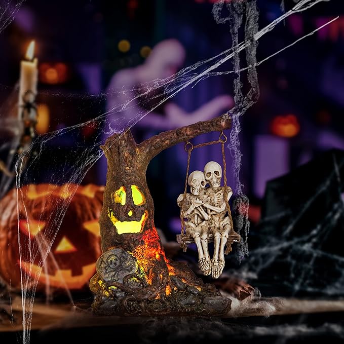 Halloween Skull Statue with Spooky LED Light for Holiday Decorations, Halloween Decor with Romantic Skeleton Couple on Swing Tombstone Tree, Grinning Skull Decor Props Haunted Collectible Gift-Ruum Studio Home