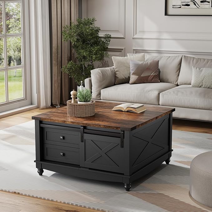 31.5" Lift Top Coffee Table with Storage, Farmhouse Coffee Tables for Living Room, Square Coffee Table with Large Hidden Storage Compartment, 2 Drawers & Removable Shelves, Black-Ruum Studio Home