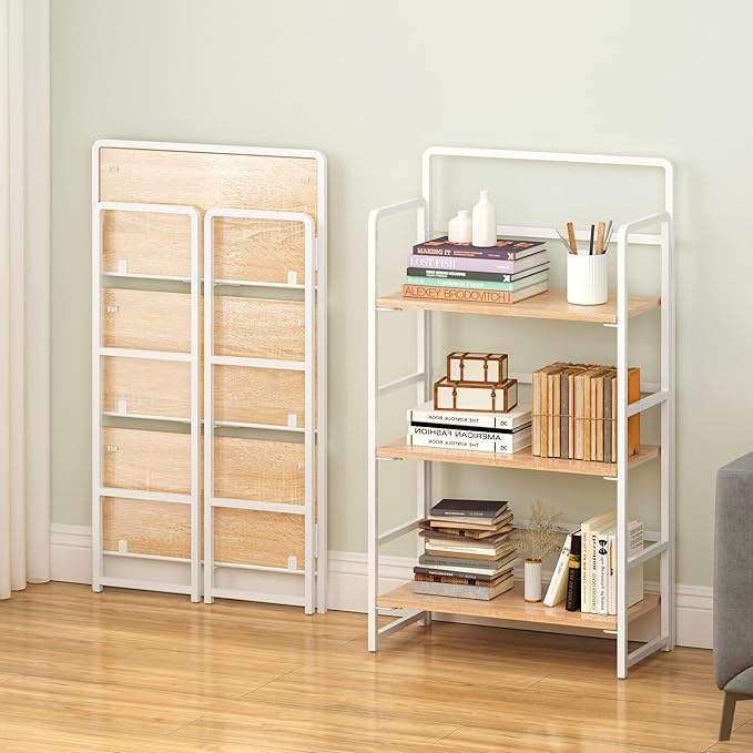 4NM No Assembly Foldable Bookshelf, 3-Shelf Collapsible Bookcase Storage for Small Spaces, 42.1" H, Natural White-Ruum Studio Home