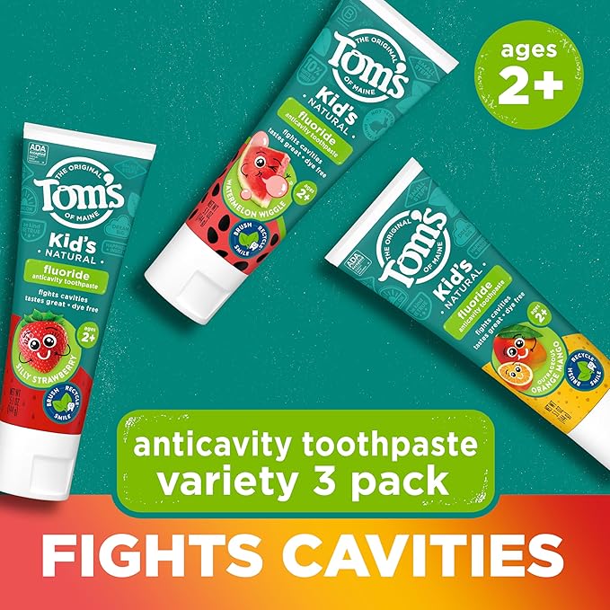 Tom's of Maine Anticavity Kids Natural Toothpaste Variety Pack, Strawberry, Orange Mango, Watermelon Flavors, Kids Toothpaste with Fluoride, Safe for Ages 2 and Up, 5.1 oz (Pack of 3)-Ruum Studio Home