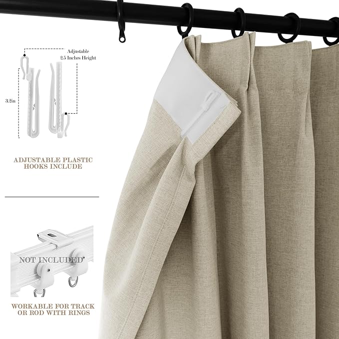 Beige Pinch Pleat 100% Blackout Drapes Linen Blend, Room Divider, Room Darkening, Energy Saving, Furniture Protecting, Light Blocking Extra Wide Privacy Curtains, 200Wx108L, 1 PC-Ruum Studio Home