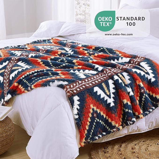 CASAAGUSTO Boho Sherpa Throw Blanket, Aztec Throw, Ultra Soft, Warm, Cozy, Plush, Thick Fleece Bohemian Throw Blanket for Couch, Bed, Sofa (Navy Blue 50 * 60 Inch)-Ruum Studio Home